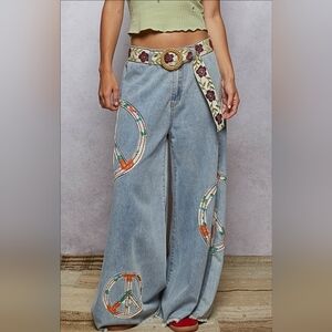 #850 POL Embroidered Wide-Leg Jeans with Peace Sign